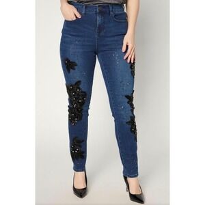 DG2 Diane Gilman New Classic Stretch Embellished Skinny Jeans Indigo Sz 6 $115